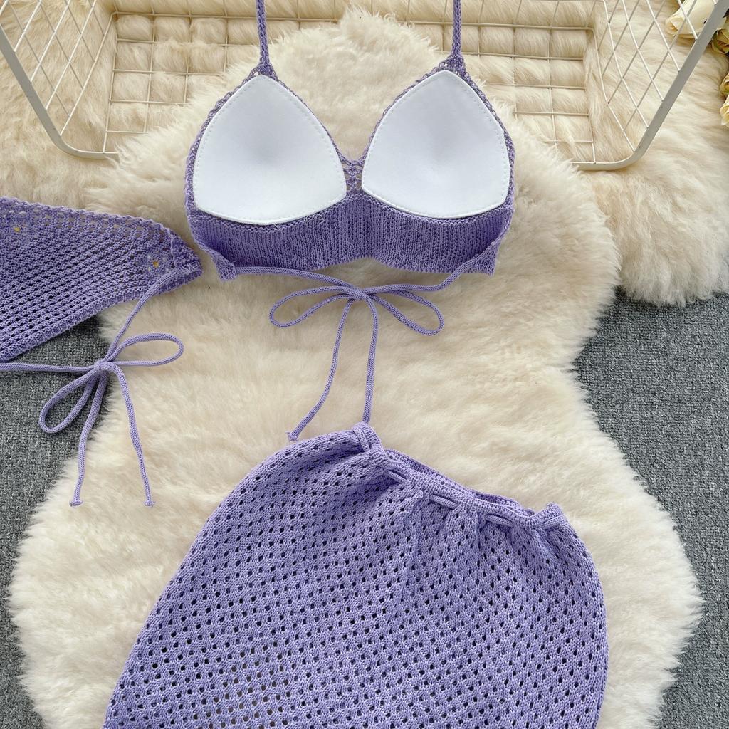 Korean Hollow Out Knitted Suits Women Halter Lace Up Bow Backless Tank Top Drawstring Split Mini Skirt Summer Fashion Sweet Two Pieces Sets