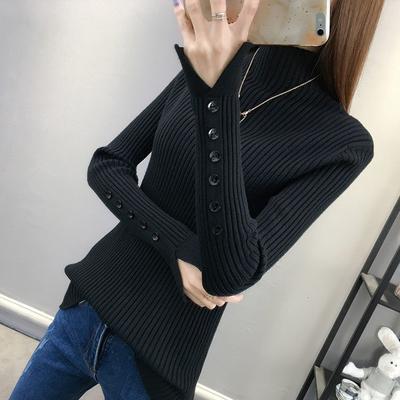 Half High Collar Thickened Slim Bottoming Knitted Tops Women Autumn Winter Solid Color Sweaters Casual Button Slit Long-sleeved Pullovers