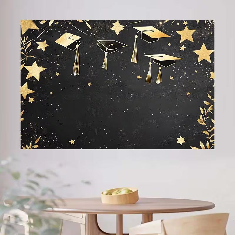 2D Flat Printing Black Gold Graduation Background Cloth for 2026 Graduation Ceremony Photoshoot