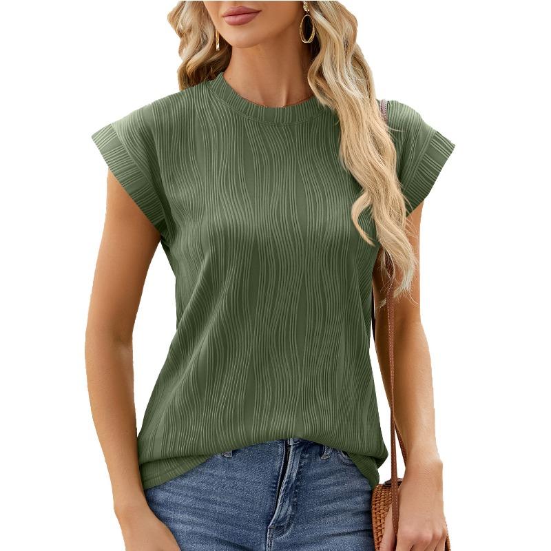 Women's Summer Solid Color Crew Neck Cover Shoulder Sleeve T-shirt Top Vest