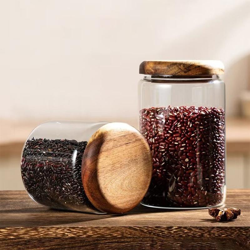 1Pcs Wooden Cover Coffee Beans Vacuum Sealed Tank Transparent Glass Food Storage Jars Household Moisture-Proof Container