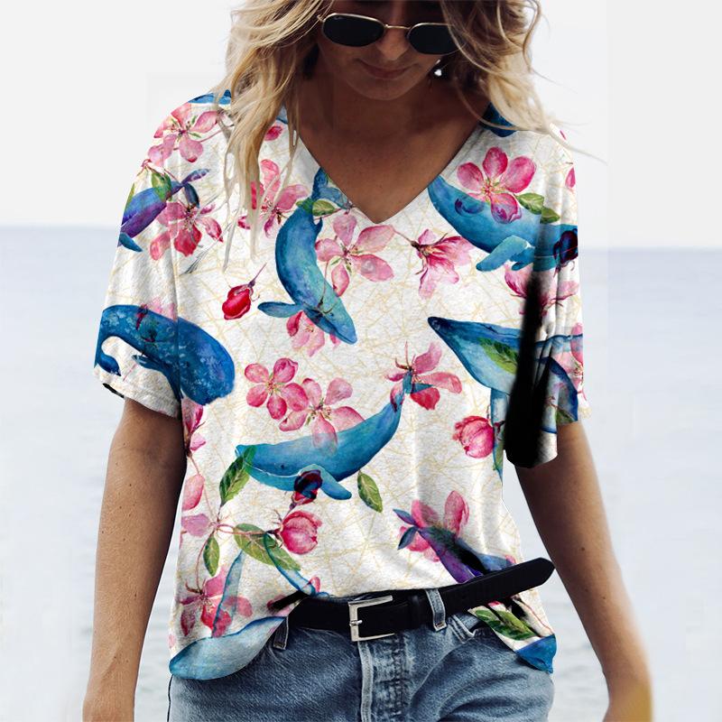 Summer V-neck 3D Ocean Printed Top Fashionable Casual Short Sleeved Women's T-shirts