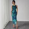 Summer Women Sleeveless Print Mesh Bodycon Dress Mature Style French Retro Patchwork Slim Sexy Elegant Women Maxi Dress