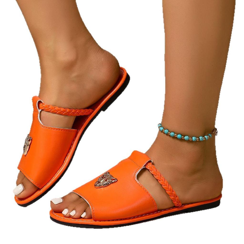 Large size women's flat-bottomed cool slippers spring and summer new hollow design solid color fish mouth women's shoes