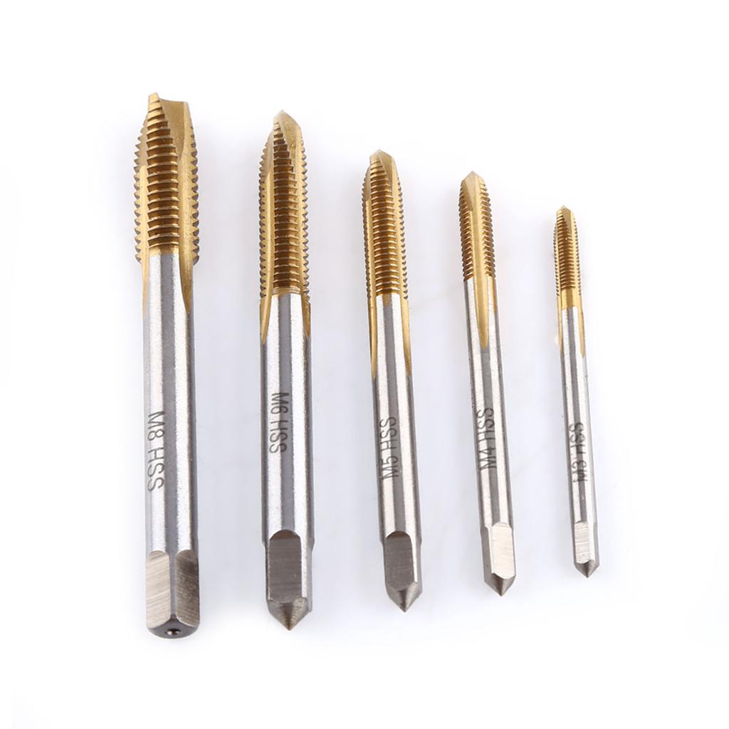 5pcs set Titanium Coated HSS Thread Screw Tap Kit M3 M4 M5 M6 M8 Forward Chip Ejection