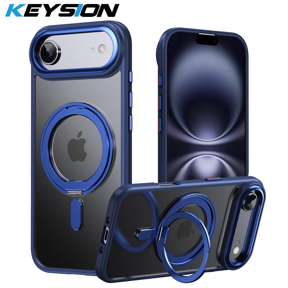 

KEYSION Shockproof Transparent Matte Case for MagSafe for iPhone 17 17 Air 360° Magnetic Ring Stand Wireless Charging Phone Back Cover for iPhone 17 Air синий