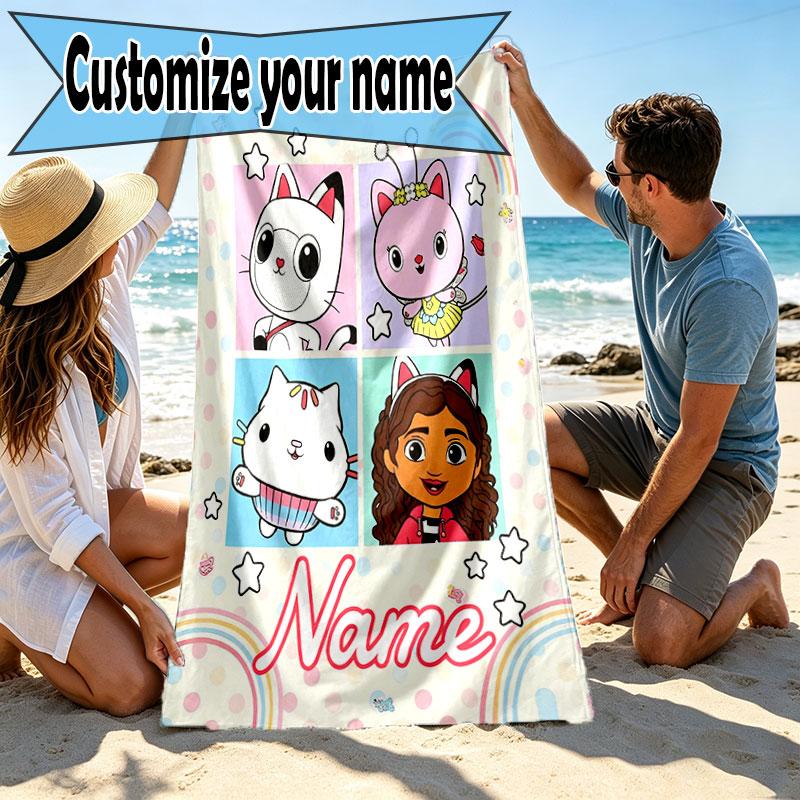 Custom Name Personalized Gabby's Dollhouse Print Beach Towel, for Trip Camping Beach Party Home Decor, Birthday Gift for Family & Friends