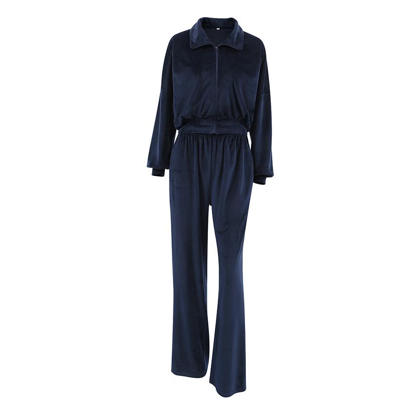 Europäischer, amerikanischer Herbst- und Winter-Silberfuchs-Samt-Sportpullover-Set Damen 1116 marineblaue Jacke Hose zweiteiliges Set Großhandel