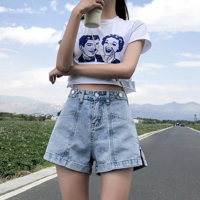 Ladies's Summer Korean Harajuku Edition American Retro Fashion Denim Shorts Design Zipper Y2K Loose Wide Leg Shorts Black Blue