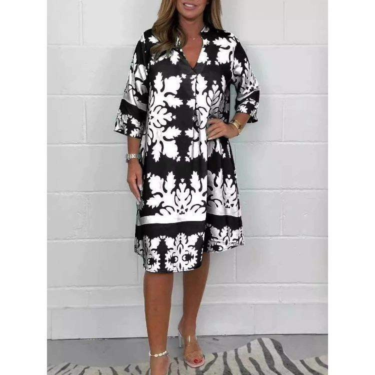 Women Floral Print Dress V Neck 3 4 Sleeve Midi Fall New Casual European American Style