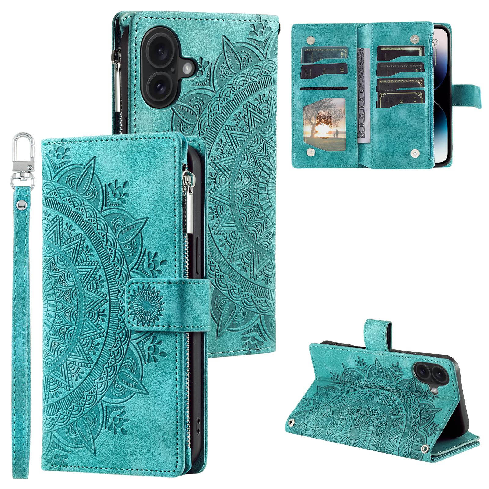 

Style 006 For iPhone 16 Case PU Leather Wallet Phone Cover Mandala Flower Pattern