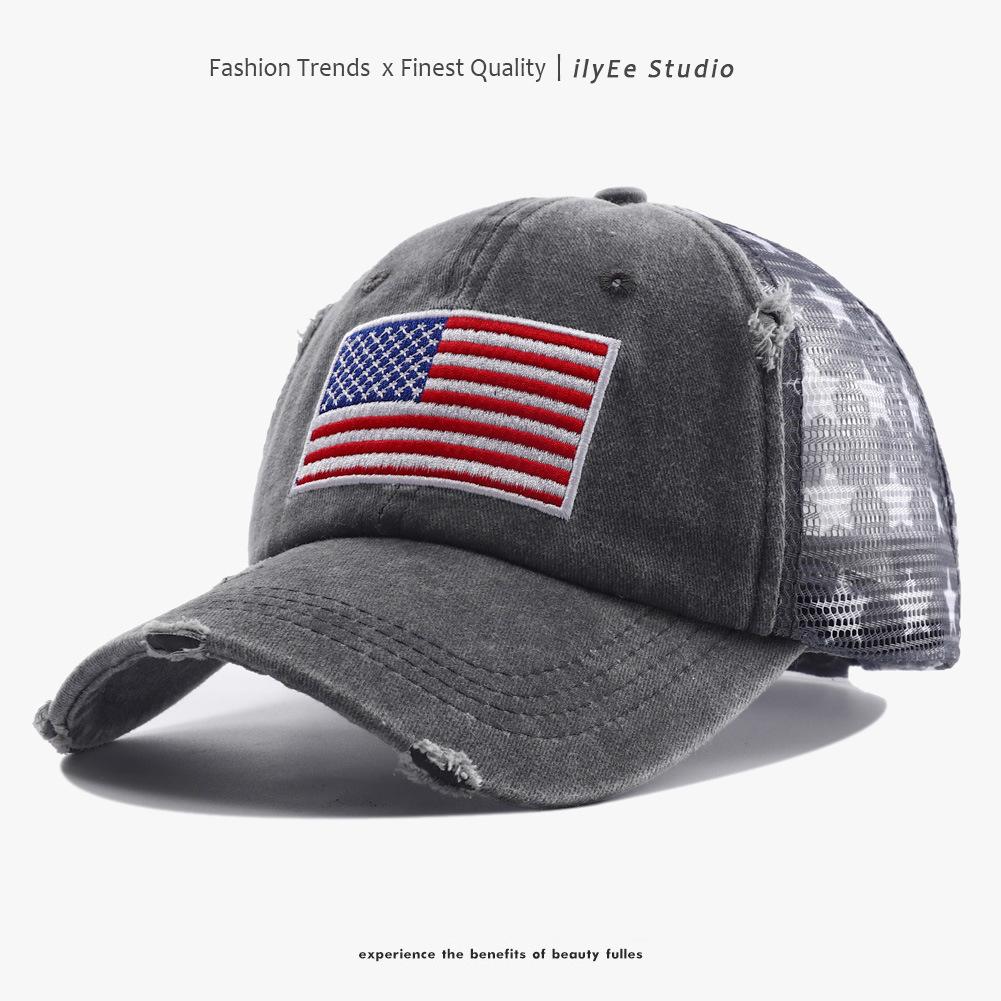 Popular European, American flag embroidery baseball cap mesh cap retro washed baseball cap sun hat