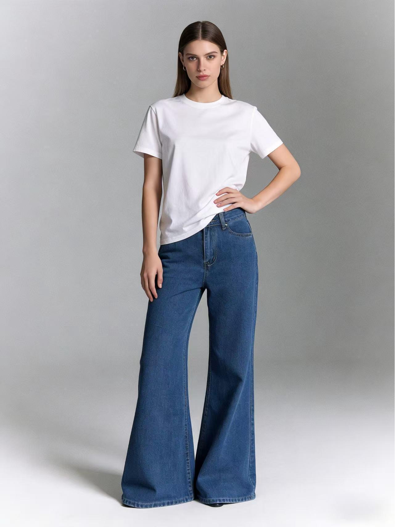 European & American High-Waisted Washed Wide-Leg Micro-Flare Jeans for Women Large синий