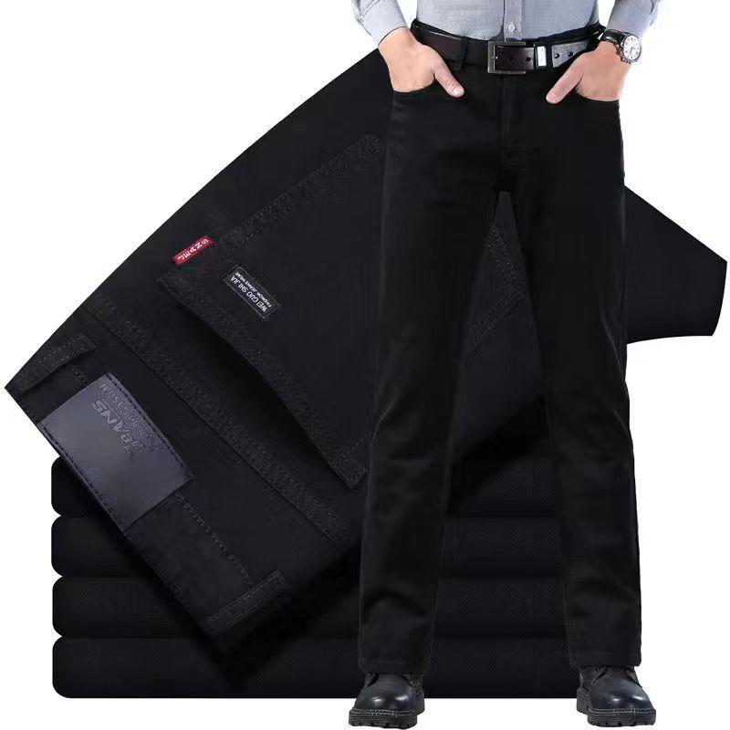 Spring Autumn Men's Pure Black Slim Jeans Elastic Straight Pants Business Fashion Vintage Denim Pants Male