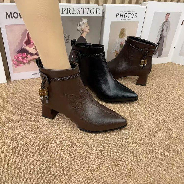 Short boots women's autumn and winter new beaded woven medium heel fashion boots thick heel women's boots soft leather cotton boots women's boots