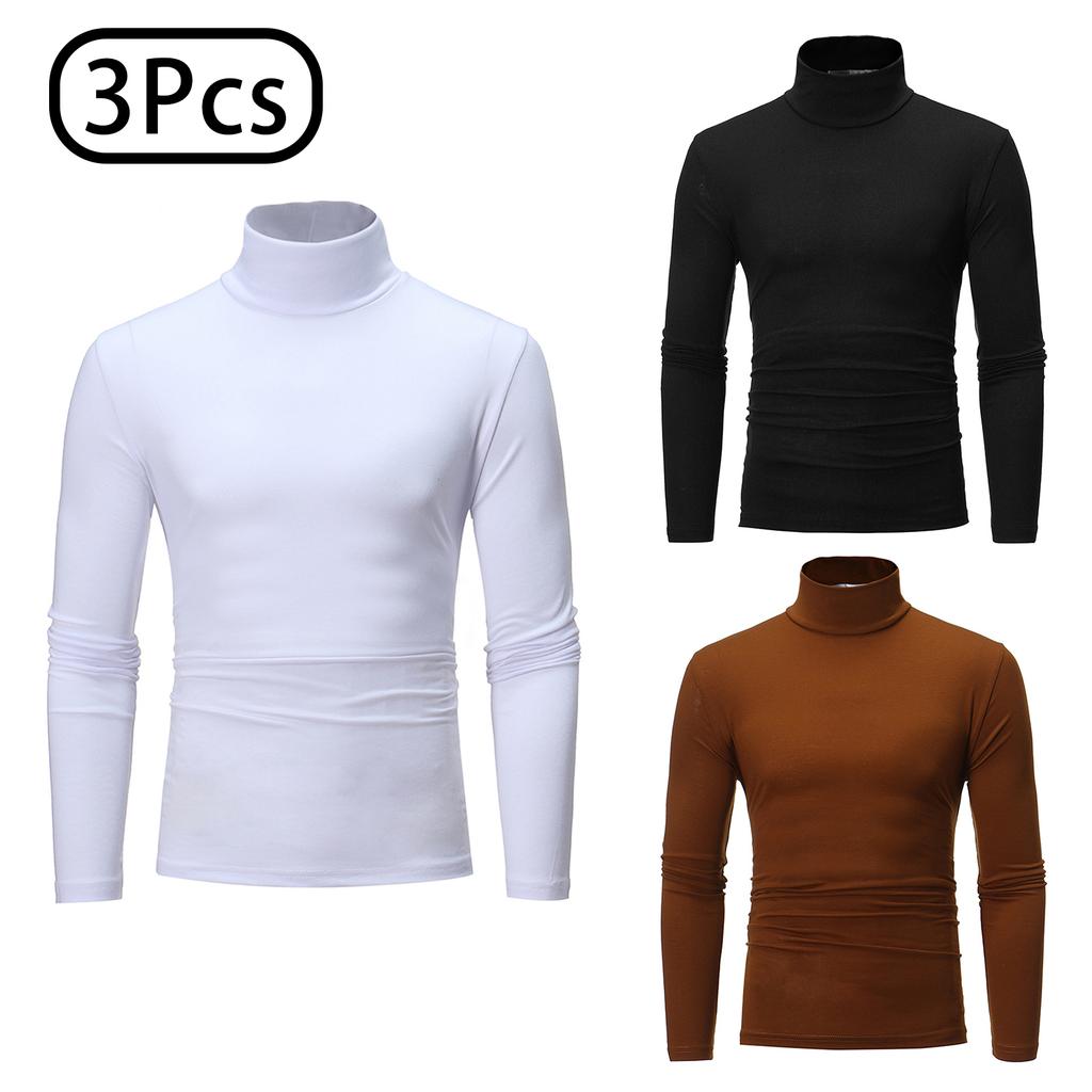 Conjunto de Camisas de Gola Alta Masculinas 3 Peças Manga Comprida Camada Base Térmica Ajuste Slim Cor Sólida