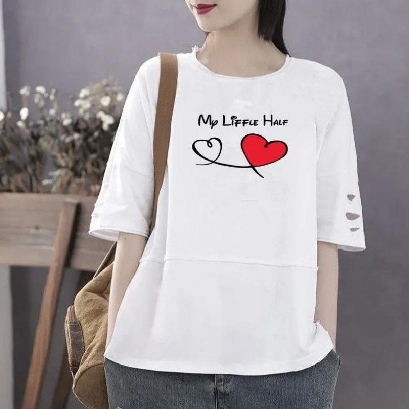 Loves Print Pattern Loses T-Shirt Baumwollmaterial Damen Kurzarm Rundhals Oberteil Retro Literarischer Stil Einfach Lässig Harajuku Pendeln Sommer