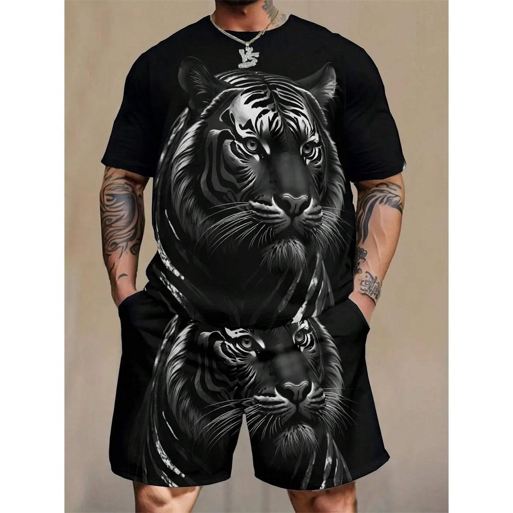 2024 New Crew Neck Short Sleeve T-shirt Fashion Shorts Set 3D Lion Print Short Sleeve Shorts 2-piece Men's Summer Sports Set