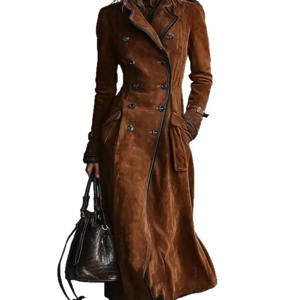 Western Style Faux Suede Long Trench Coat, Lapel Collar Autumn Winter Women's Outerwear for European American