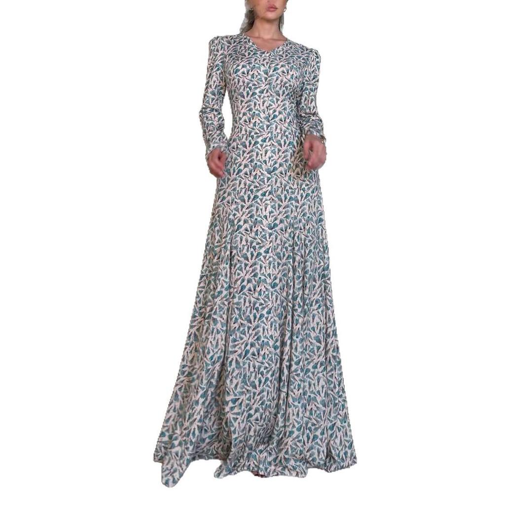 Elegant Retro Print Waist-Gathered Dress - Autumn 2025 Collection: European & American Style for Women