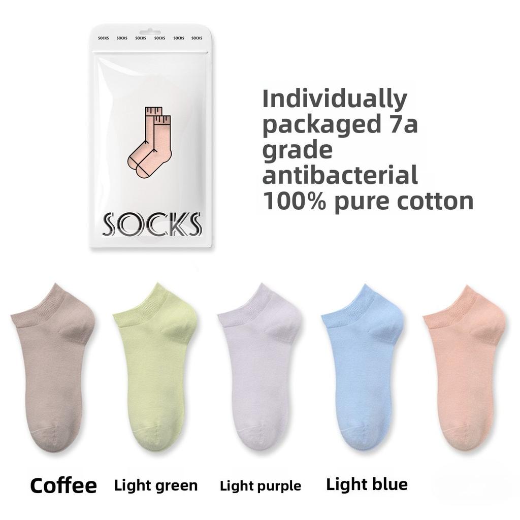 5 Pairs of Female Summer Thin Cotton 7A Antibacterial Antiodor Sweat Absorbing Breathable Shallow Mouth Boat Socks