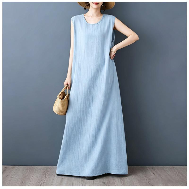 DIMANAF 2026 New Women Plus Size Summer Vintage Lady Long Dress Sleeveless Vest Loose Oversize Maxi Sundress Solid Cotton Linen