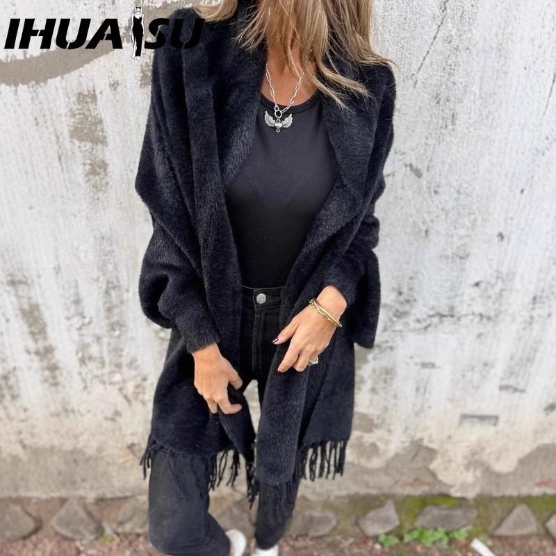

IHUASU Женское осенне-зимнее пончо из искусственного норкового бархата с кисточками, однотонное, утолщенное, теплое, летучая мышь S чёрный