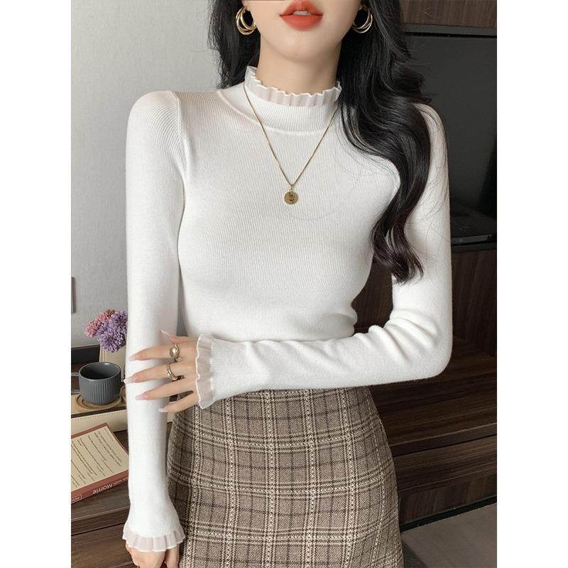 Stylish Semi-turtleneck Lace Splicing Bottoming Shirt Women's Fungus Edge Top Spring Suit with Solid Color Sweater Inside