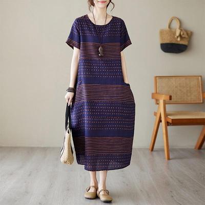 Short Sleeve Plus Size Cotton Vintage Stripe New In Dresses for Women Casual Loose Long Summer Dress