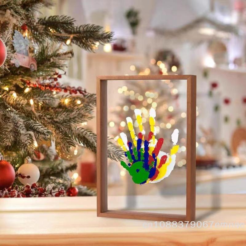 [ZYAS] 1Set Family Handprint Photo Frame DIY Wooden Frame Handprint Photo Frame Kit With 6 Paints Pen Eraser Paintbrush Keepsake