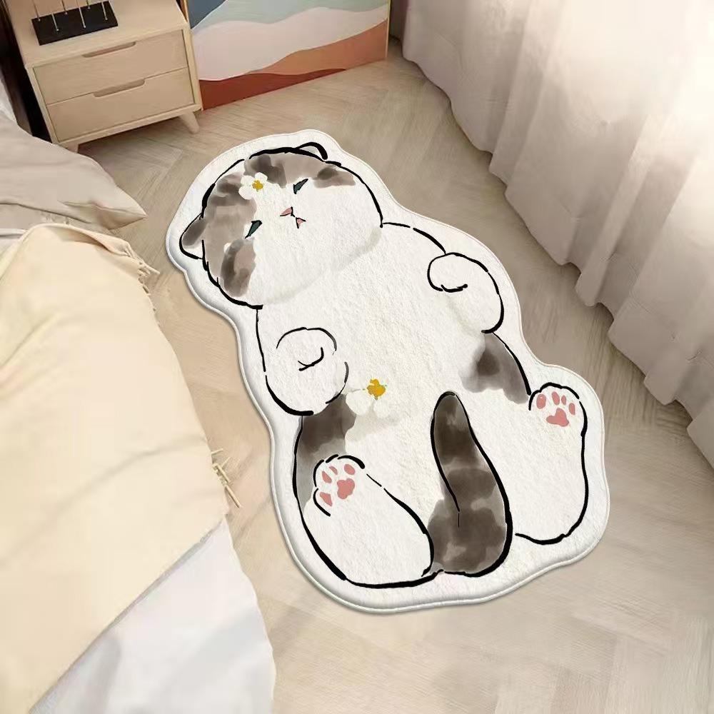 2pcs Cartoon Cute Cat Imitation Cashmere Bedroom Carpet Special-shaped Bedside Carpet Floor Mat