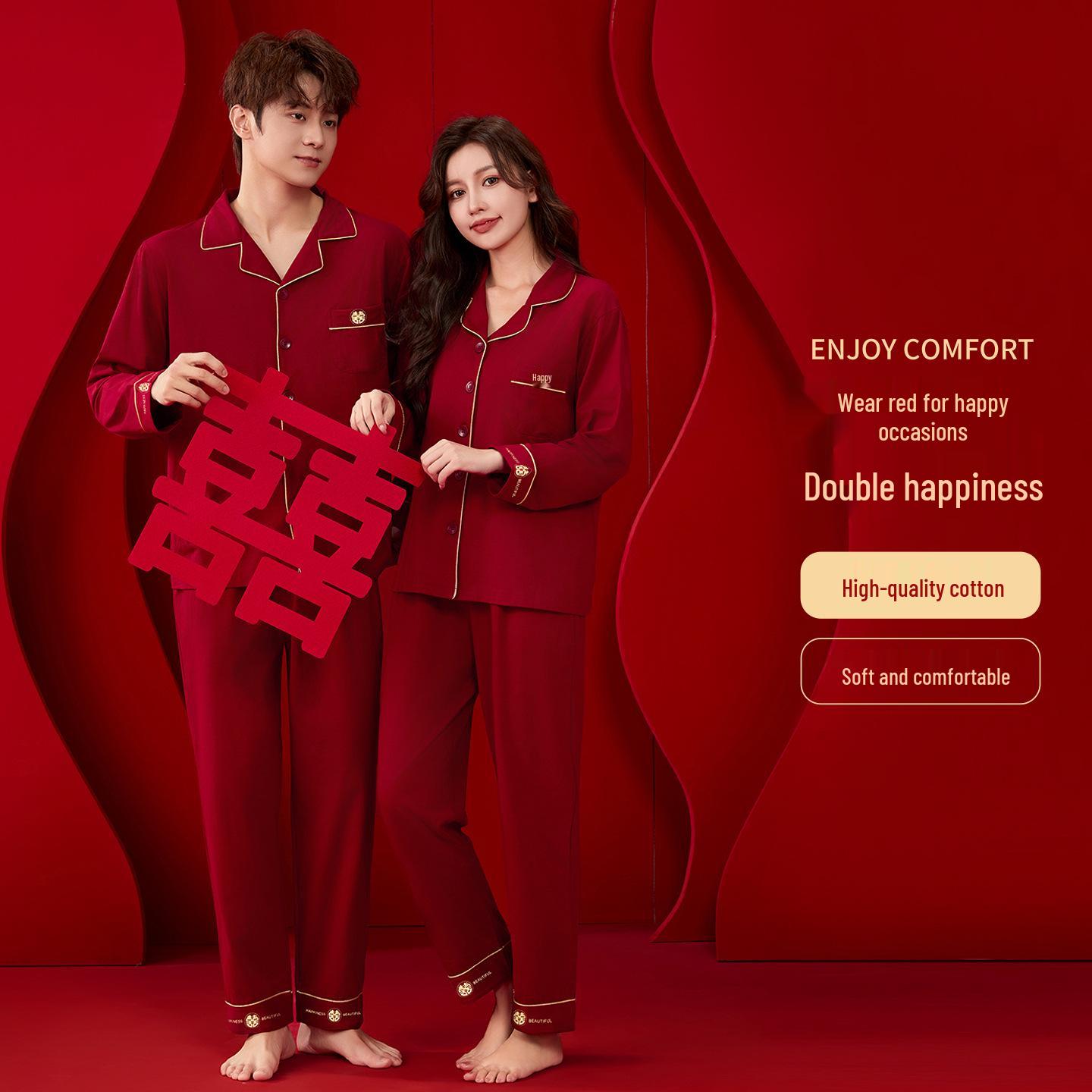 Double Happiness Wedding Pajamas: New Couple Cotton Set with Breathable Lapel and  Xi  Embroidery Dowry 3XL