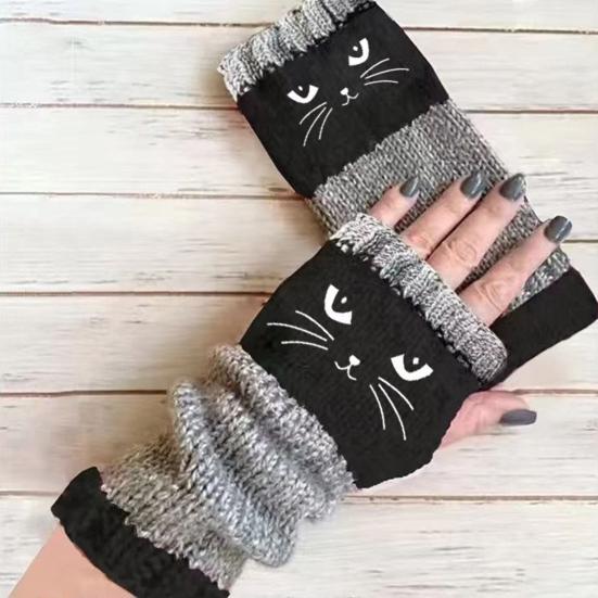 Yousheng 1 Pair Riding Gloves Embroidery Pattern Fingerless Knitted Gloves with Extended Cuffs Half-Finger Design Thumb Hole Winter Gloves