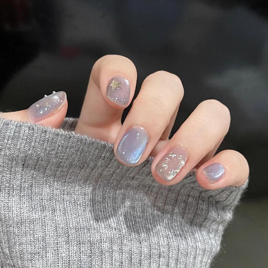 Blue Glass Beads Cat's Eye Pure Hand-worn Armor White Simple Short High-end Nail Patch Fake Nails