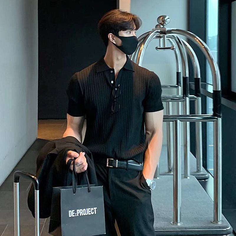 Summer Men's Clothing Retro Knit Lapel Striped Polo Shirt Solid Color Short Sleeve Fashion Light Luxury Popular Knitwear