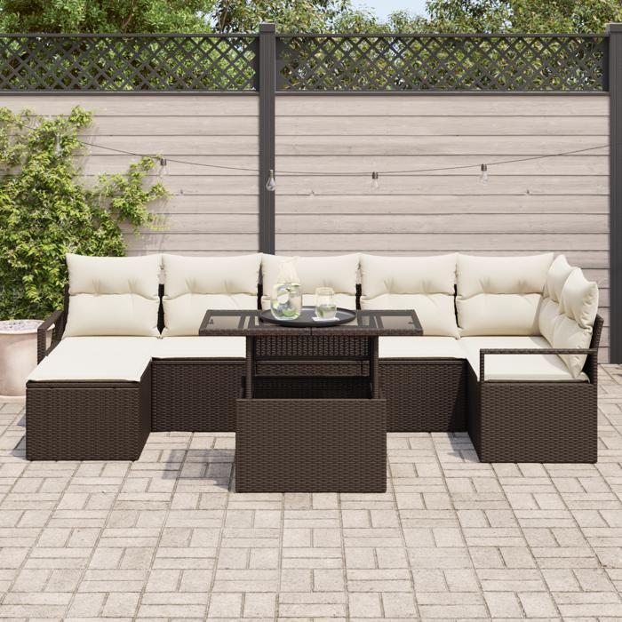 Set de sofa de jardin vidaXL 8 pièces avec coussins marron en polyrotin, Sofa de jardin vidaXL 2 places avec coussins marron 3348864