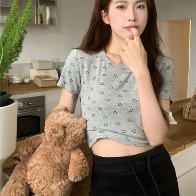 Fashion Korean Gray White Women T-shirts Summer Short Sleeve O-neck Casual Slim Graphic Print Short T Shirt Ladies Y2k Tops Clothes