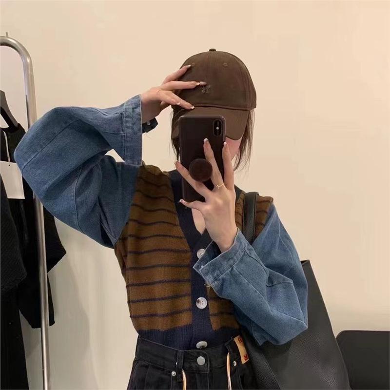 Lazy Style Women s Patchwork Denim Knit Cardigan - Autumn/Winter Collection One Size хаки