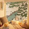 Winter Snow Scene Cartoon Fishing Tapestry, Charming Wall Art Background Cloth for Winter Living Room Aesthetic Decor