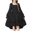 Girls' Fashionable And Cute Solid Color Square Neck Bell Sleeve Long Sleeve Ruffled Wide Hem Dress