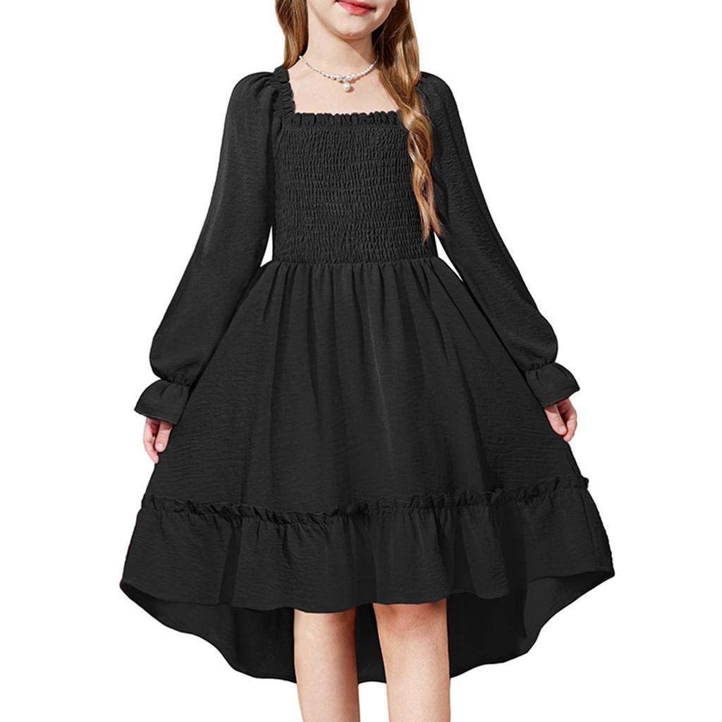 Girls' Fashionable And Cute Solid Color Square Neck Bell Sleeve Long Sleeve Ruffled Wide Hem Dress