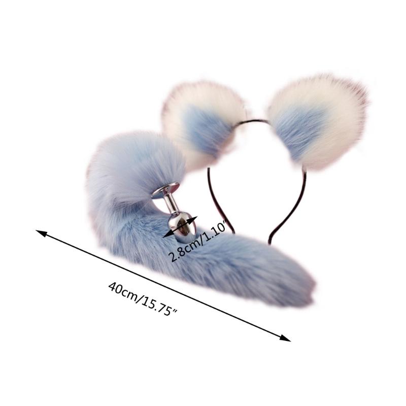 Metal Butt Plug with Fluffy Plush Animal Foxes Tail Ears Headband Set Cosplay Costume Props for Couples Game Sex Toy