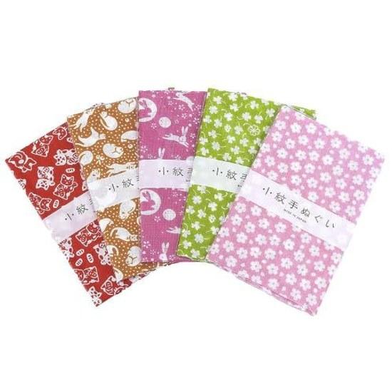 Tenugui Made Japan 5-piece Set Hand Towel Komon Cotton Japanese Pattern Red Pink 100 n9003