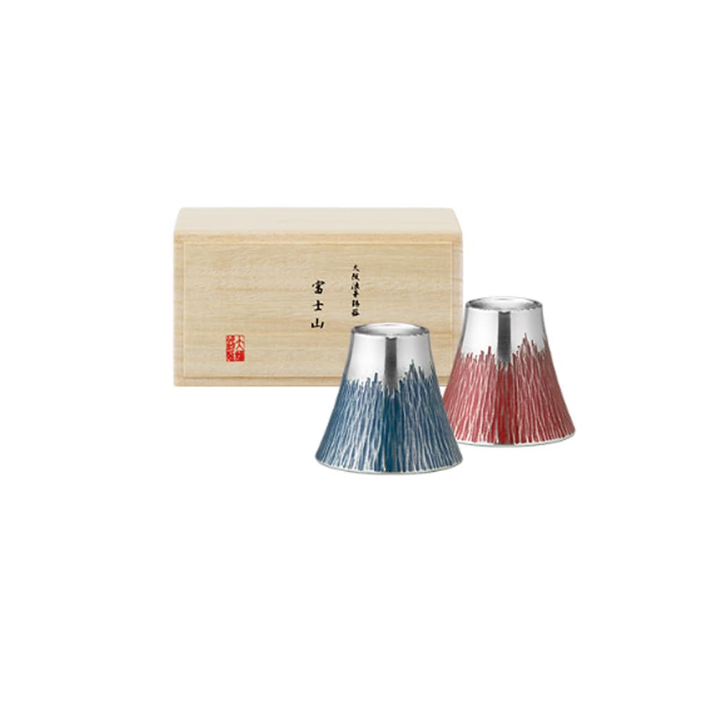 Osaka Tinware (Osaka Naniwa Tinware) Traditional Craft: Mount Fuji Tumbler Pair (Small) Blue/Vermilion