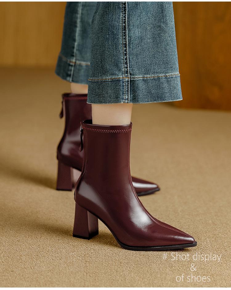 Winter 2025 Fashion: Women's Pointed Toe Chunky Heel Ankle Boots - Soft Leather, Comfy, Elastic Fit with Back Zipper
