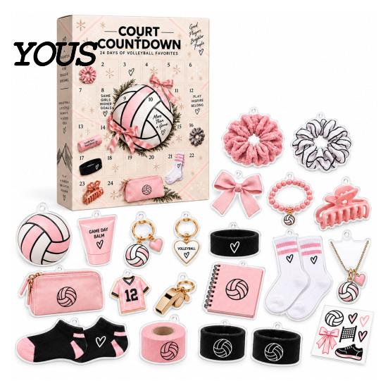 Calendario dell'Avvento per Ragazze con Gioielli e Cancelleria da Pallavolo, Scatola Countdown di 24 Giorni con Accessori Sportivi, Regali di Compleanno per Giocatori con Elastici per Capelli e Ciondoli