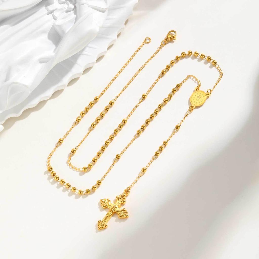Rosary Beads Cross Necklace for Women, Stainless Steel  Crucifix Virgin Mary Y Shape Necklaces Jewelry