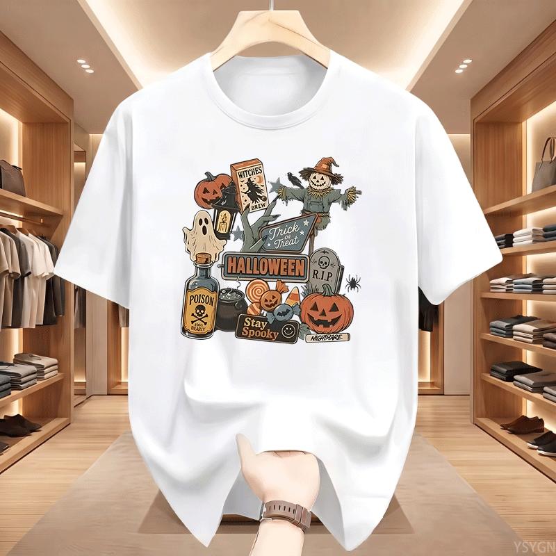 Halloween Tshirt Unisex Unisexs Spooky Season Graphic Tee Pumpkin Ghost Scarecrow Tshirt Cotton Short Sleeve Loose Tees