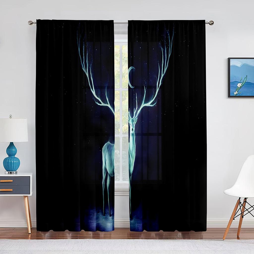 Winter Reindeer Elk Wildlife Animals White Snowy Forest Sheer Curtains for Living Room Bedroom Window Voile Tulle Curtain Drapes