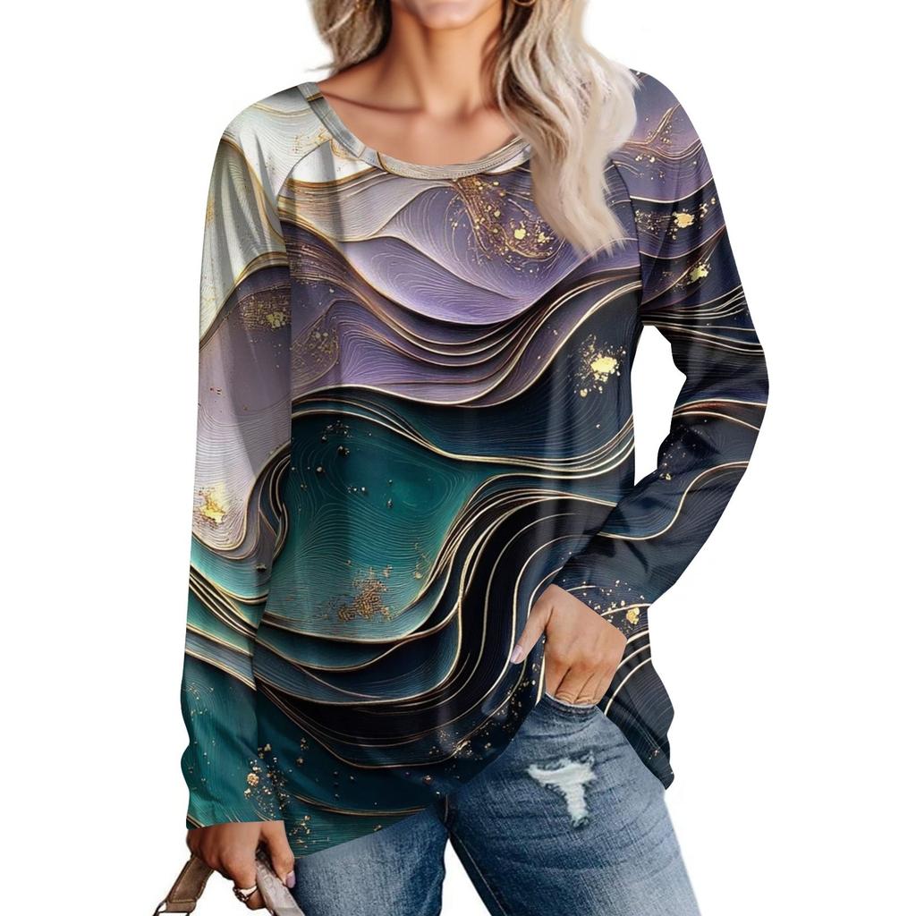 Women's Fashion Casual Long Sleeve  Print Round Neck Pullover Top Blouse